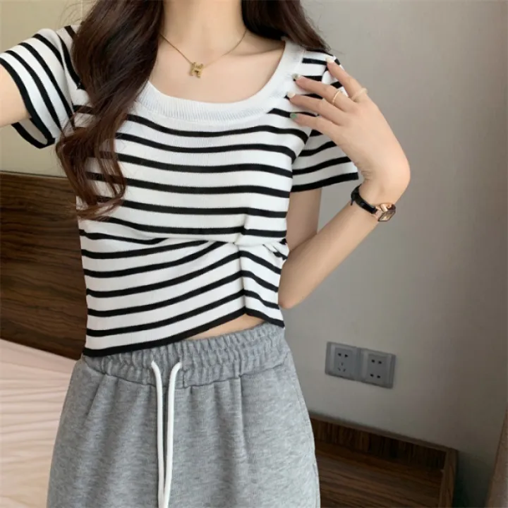 French%20Style%20Big%20u%20Collar%20Black%20and%20White%20Striped%20Shoulder%20Square%20Collar%20Short%20Sleeve%20T%20T-shirt%20Women's%20Summer%20Design%20Sense%20Niche%20Short%20Clavicle%20Top%20-%20Image%206