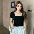 【New and Improved】 Fashion Square Collar Women T-shirt Black White Short Sleeves Women Top Solid Color Slim Fit Tee.