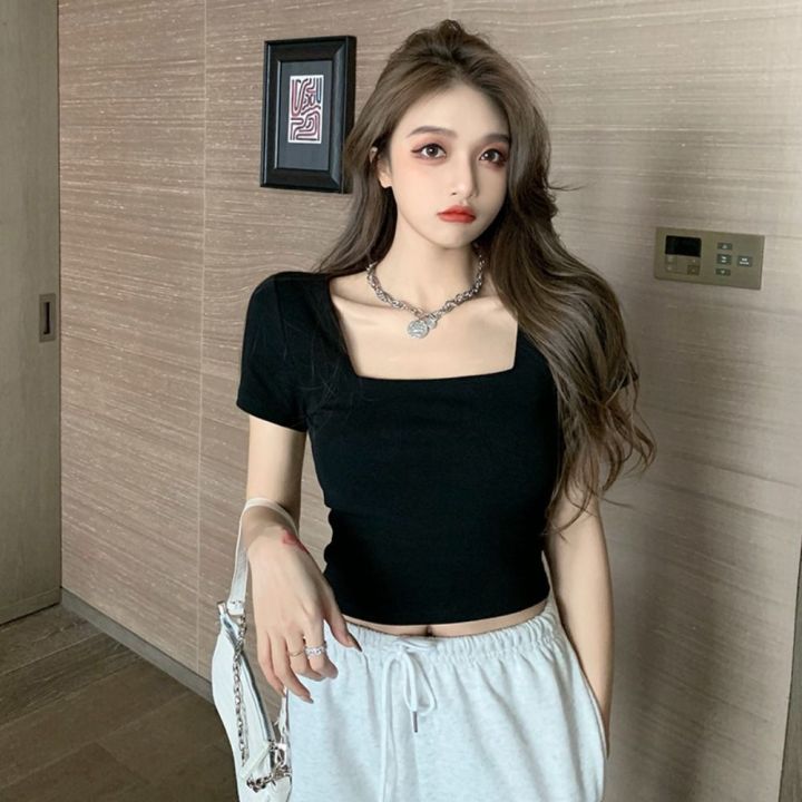 %E3%80%90New%20and%20Improved%E3%80%91%20Fashion%20Square%20Collar%20Women%20T-shirt%20Black%20White%20Short%20Sleeves%20Women%20Top%20Solid%20Color%20Slim%20Fit%20Tee%20-%20Image%206