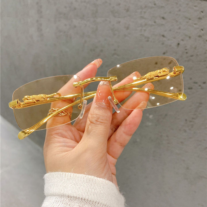 Square Rimeless Metal Frame Leopard Cute Sunglasses men or Women Brand Designer Sun Glasses