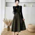 Autumn Winter Lady fashion Overalls 2 Piece Set Dress Women black Knitted Sweater Top + Plaid Tweed Slim Big Swing Midi Dress. 
