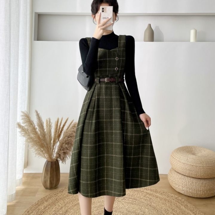 Autumn%20Winter%20Lady%20fashion%20Overalls%202%20Piece%20Set%20Dress%20Women%20black%20Knitted%20Sweater%20Top%20+%20Plaid%20Tweed%20Slim%20Big%20Swing%20Midi%20Dress%20-%20Image%204