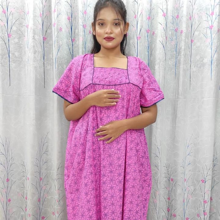 Pure Cotton 2-Side Zipper Mother Care Maxi for Women – Comfortable Nursing Dress, Available in 4 Colors
