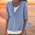 Casual T Shirt V-neck Short Sleeves T-shirt Half Sleeve Summer Pullover Tops Womens Linen Elegant blusas Tunic Femme Clothing.