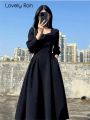 Black Maxi Dresses For Women Elegant French Square Neck Long Dress Korean Fashion Autumn 2023 Party Casual Vintage Vestidos. 