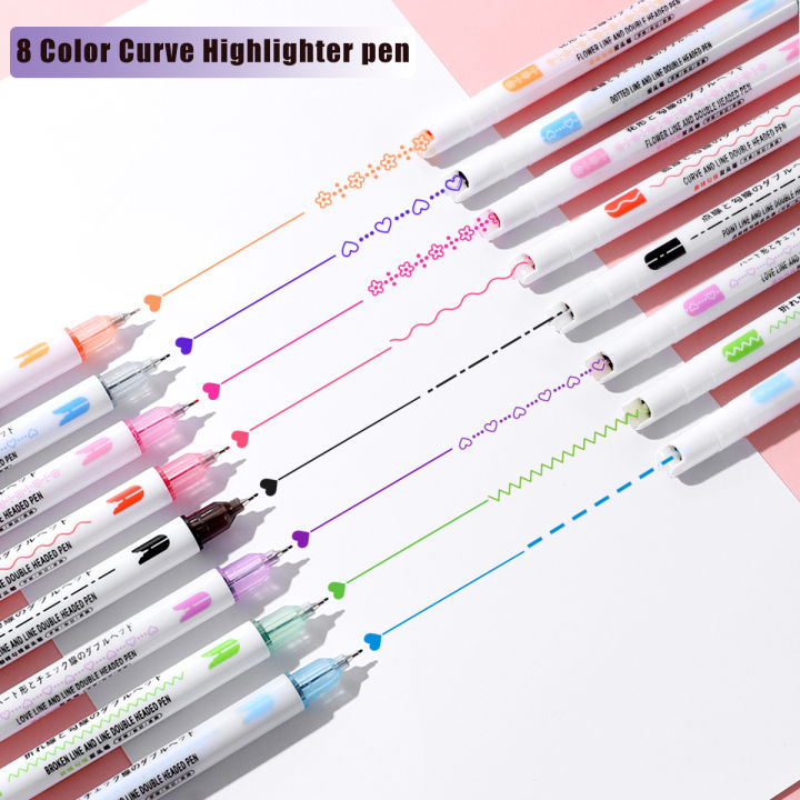 8pcs Dual Line Contour Markers, Dual Tip Curve Pens, Multicolor Fun Curved Pens, Quick Dry Markers Note Drawing Highlighter, Cur