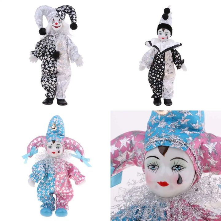 9 Inch Porcelain Smiling Clown Doll Wearing Outfits Funny Harlequin Doll Circus Props Halloween Christmas Decoration Kids Gifts