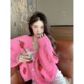 Korean gentle pink sweater cardigan women's spring and autumn sweet strawberry knitted thick jacket V-neck cropped top. 
