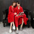 Winter Flannel Couple Nightgown Women's Lengthen and Thicken Red Wedding Bathrobe Fleece-Lined Men's Winter Pajamas Robe. 