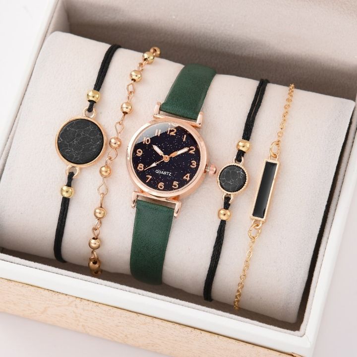 Elegant%20and%20Minimalist%205pcs%20Women's%20Quartz%20Watch%20Personalized%20Girl's%20Leather%20Wristwatch%20and%20Versatile%20Bracelet%20Set%20New%20Design%20Black%20Starry%20Sky%20Dial%20Korean%20Fashion%20Accessories%20Ladies%20Watches%20-%20Image%205