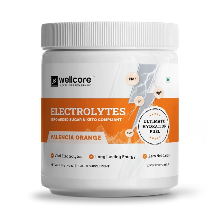 KETOFY Wellcore - Electrolytes -200g  Orange Electrolyte Drink With 5 Vital Electrolytes: Na, Mg, Ca, K, PO4 Sugar Free Electrolyte Powder Fat Fuel Powered for Sustained Energy Keto Electrolyte