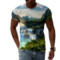 Summer New Terrace Pattern Printed Men's T-shirt Casual Pastoral Quality Short-sleeved Classic Round Neck Loose Quick-drying Top. 