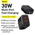 BASEUS Compact Quick Charger 2U+C Three Ports 30W Travel Power Adapter US Plug. 