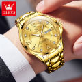 (1 Year Warranty) OLEVS Men's Original Waterproof Watch Gold Watch Quartz Stainless Steel Strap Calendar Luminous Business Style 2906. 