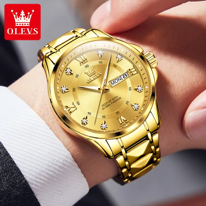 (1%20Year%20Warranty)%20OLEVS%20Men's%20Original%20Waterproof%20Watch%20Gold%20Watch%20Quartz%20Stainless%20Steel%20Strap%20Calendar%20Luminous%20Business%20Style%202906%20-%20Image%203