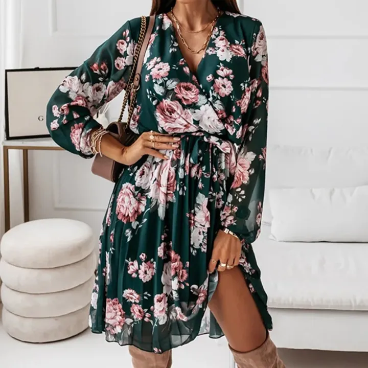 Women%20Elegant%20Floral%20Print%20Ruffle%20Mini%20Dress%20Casual%20Long%20Sleeve%20A-Line%20Beach%20Dress%20Summer%20V-Neck%20Pleated%20Party%20Dress%20-%20Image%203