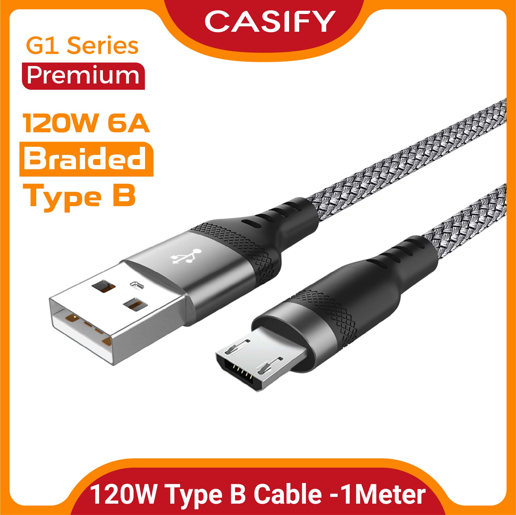 CASIFY G1 120W 6A Micro Usb Cable Type B Cable Fast Charging Cabe Micro USB 120W Cable Data Cable Metal Type B Cable Nylon Braided Type B Cable 120W 1M