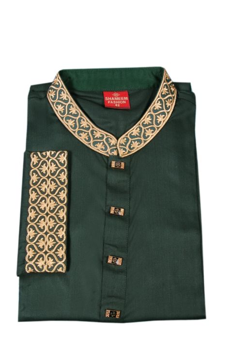 Men's Premium Quality Deep Green Embroidery Semi Long  Panjabi with Snap Button