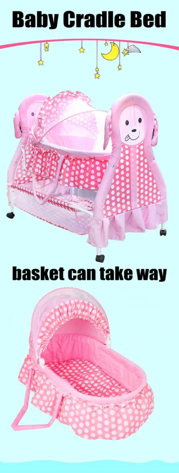 Pink baby bassinet with canopy & wheels on sale