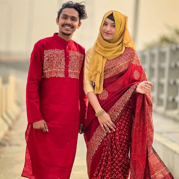 Dhupiyan Silk Saree and Cotton Panjabi For Combo Couple Dress -Perfect and Comfortable to Use