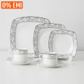 36 pieces squire dinner set for gift and home decoration- 6 Dinner Plates, 6 Half Plates, 1 Rice Dish, 1 Curry serving bowl, 6 Soup Bowl, 6+6 coffee cup + saucer, 1 Tea Pot, 1 Milk Pot, 1 Sugar Pot, 1 Salt Shaker.(Microwave and Dishwasher Safe).