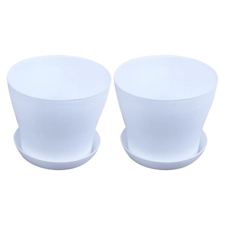 2X Plastic Plant Flower Pot Planter With Saucer Tray Round Gloss White Upper Caliber -, 17cm / 6.69 inch