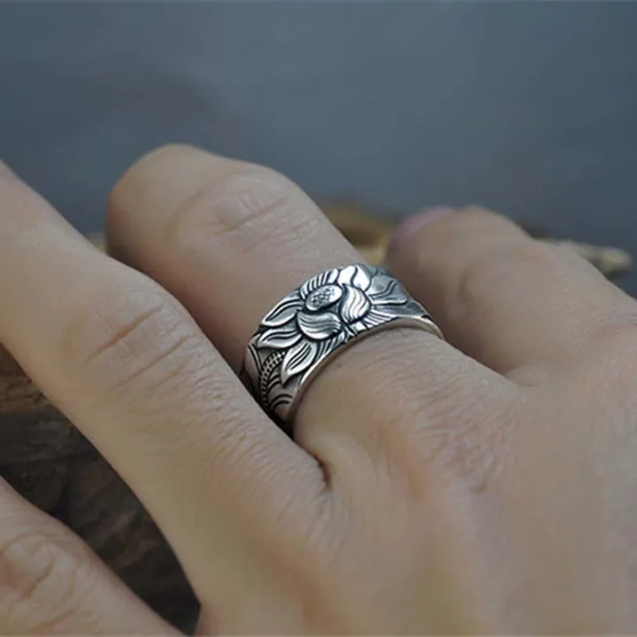 100%25%20999%20Pure%20Sterling%20Silver%20Jewelry%20Lotus%20Flower%20Open%20Ring%20For%20Men%20Male%20Fashion%20Free%20Size%20Buddhistic%20Heart%20Sutra%20Rings%20-%20Image%204