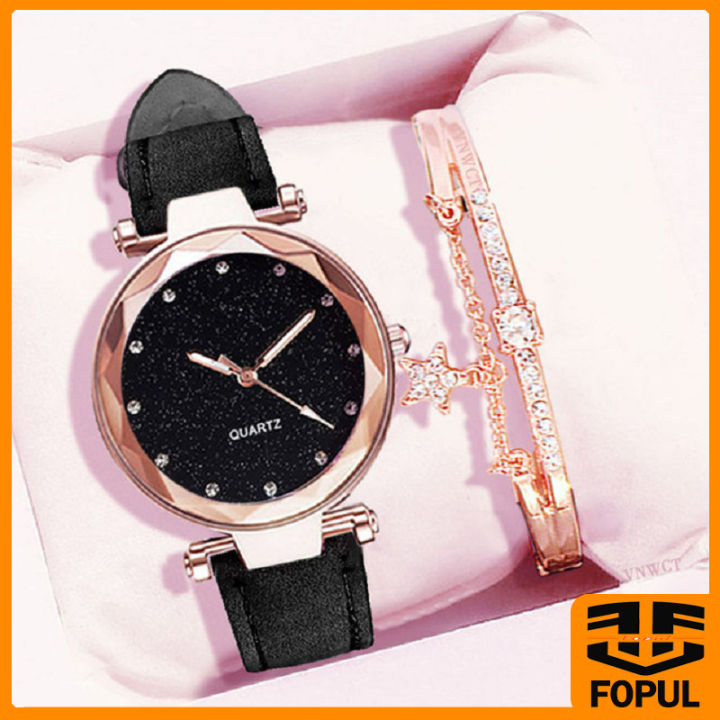 Fopul Mall 2pcs Set Luxury Fashion Women Quartz Watches And Diamond Bracelet Clock Wristwatch No Box