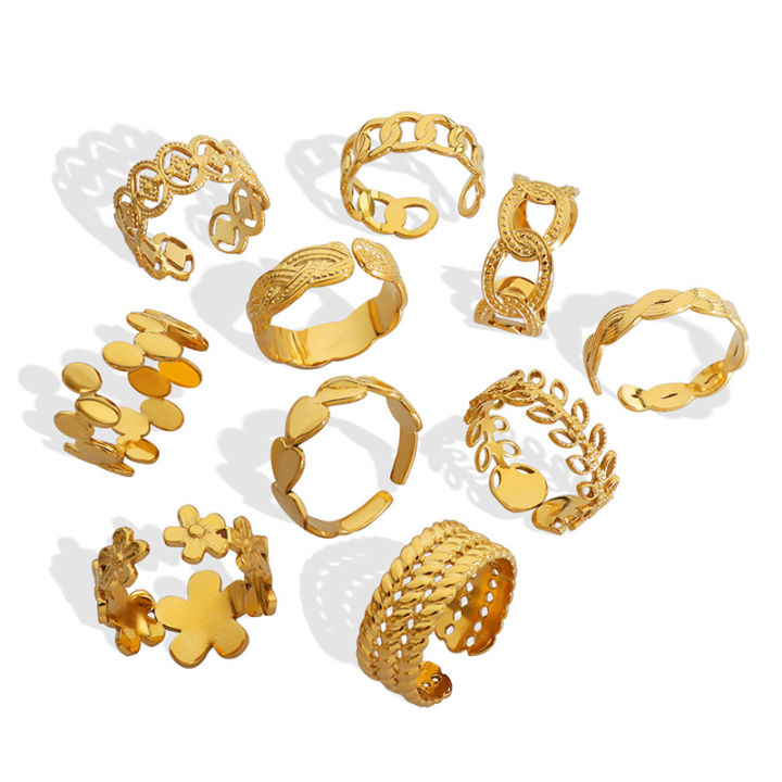 R0208 Fashion Jewelry 18k Gold Plated Flower And Leaf Open Ring Women Wedding Statement Stainless Steel Ring