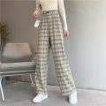 Zoki Plaid Women Pants Elastic High Waist Korean Fashion Plus Size Loose Spring Ladies Full Straight Pants Casual Trousers S-4XL. 