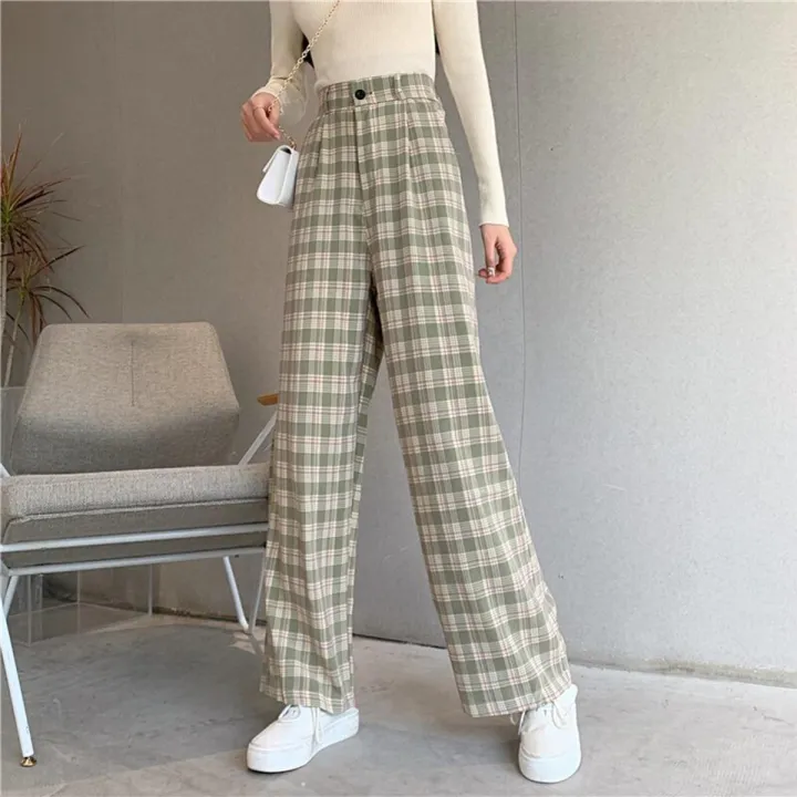 Zoki%20Plaid%20Women%20Pants%20Elastic%20High%20Waist%20Korean%20Fashion%20Plus%20Size%20Loose%20Spring%20Ladies%20Full%20Straight%20Pants%20Casual%20Trousers%20S-4XL%20-%20Image%202