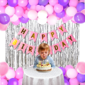 Happy Birthday Decoration Set with Pink Banner, Silver Foil Curtain, and Pink, Purple & White Metallic Balloons – Full Combo Pack (32 Pcs). 