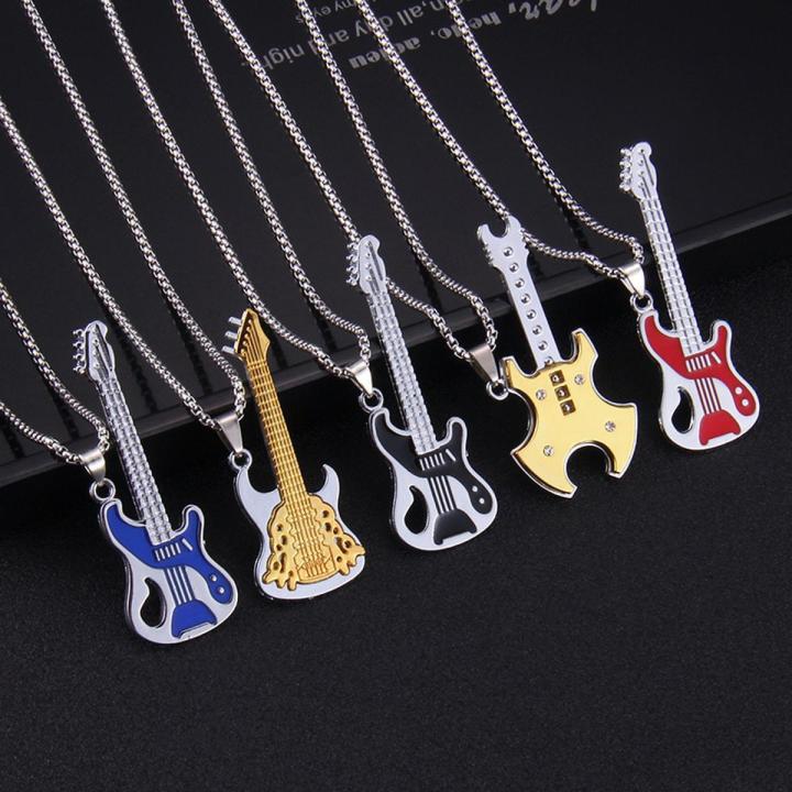 316L Stainless Steel Guitar Necklaces Hip Hop Fashion Men Women Stainless Steel Rock Music Guitar Pendant Jewelry Chain Necklace