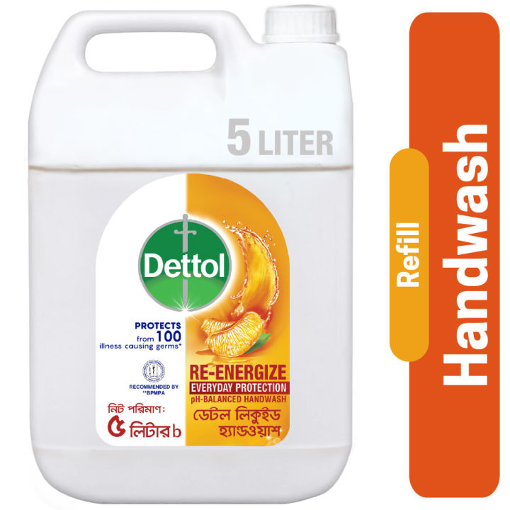 Dettol Handwash Re-Energize 5L Mega Refill Super Saver Pack, pH-Balanced Liquid Soap formula