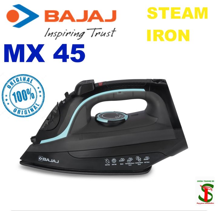 Bajaj MX 45 Steam Aluminium Soleplate Iron | 2000 Watts Power For Faster Ironing | Non Stick German Coated Technology | 220 Ml Water Tank Capacity | 2-Yr Warranty 【Black & Grey】