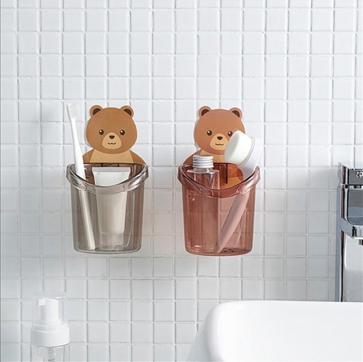 Brush Cup Wall Mounted Shaver Cartoon Self-adhesive Cups Self-draining Toothbrush Holder Bracket Restroom Essentials-Multicolor