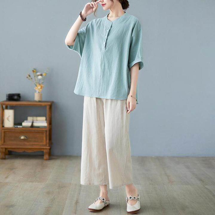 Women's Cotton and Linen Short-Sleeved Shirt2023New Mom Summer Clothes Linen Top Loose Belly-Covering Western Style Slimming Suit