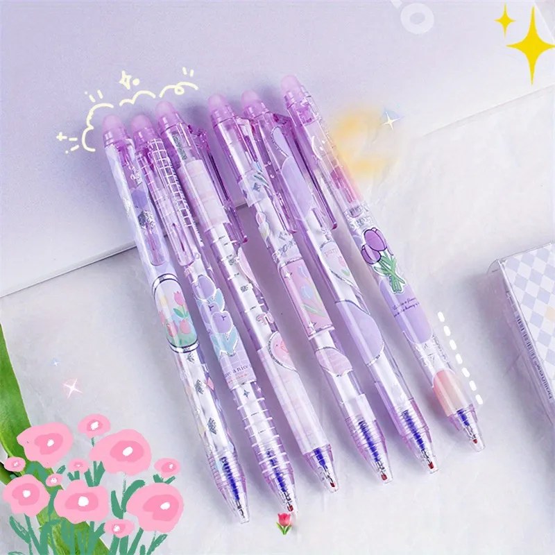 6pcs Purple Tulip Erasable Gel Pens Kawaii Gel Pens With Erasers