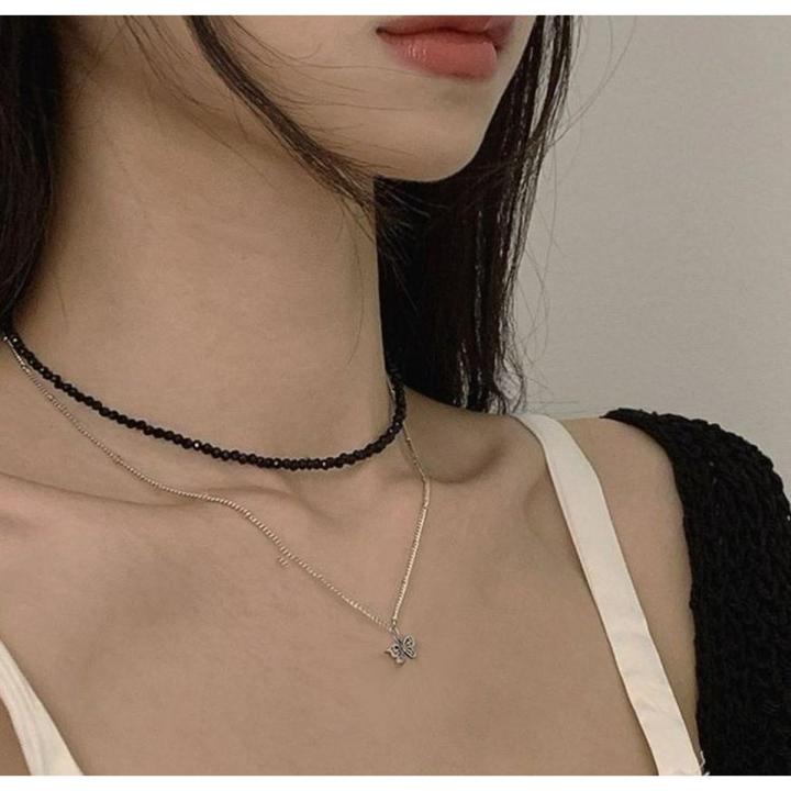 Korean elegant minimalistic black shiny beaded choker necklace and