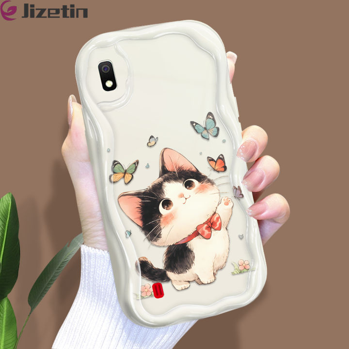 Jizetin for Samsung A10 Back Cover Kitten Playing Butterfly Cream Wavy Edge Soft Silicone Phone Case