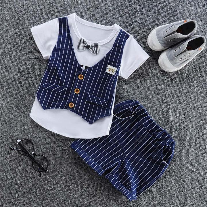 Toddler Baby Kids Boys Bow Vest T shirt Tops Plaid Shorts Set Outfits Clothes
