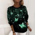 Long Sleeve Fashion Top Round Neck Oversized T-shirt Autumn Winter Women's Simple Style Pullover Sweater Butterfly Print Tee.