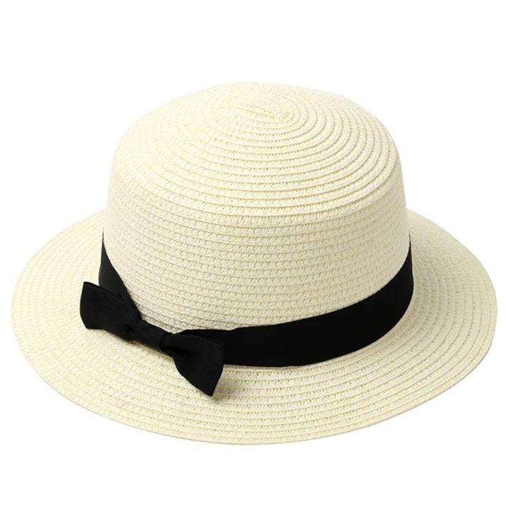 【beauty code store】2019 Women Hat Beach Straw Hat Panama Ladies Cap Fashionable Casual Flat Brim Bowknot Sun