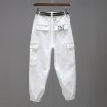 Spring White Multi-Pocket Cargo Pants Women2023Half Elastic Waist Loose Slimming Jeans All-Matching Harem Pants Women. 