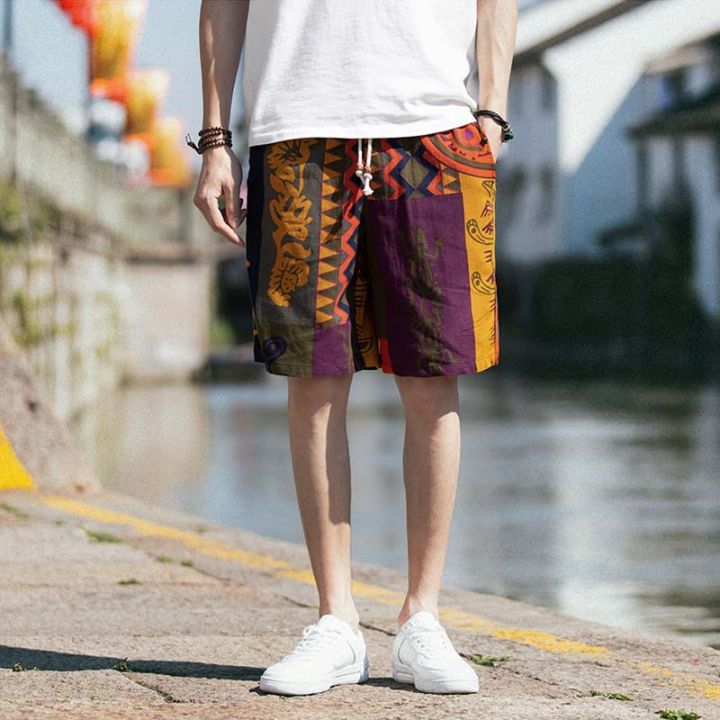 men's linen shorts Japanese Casual Shorts Men Drawstring Printed