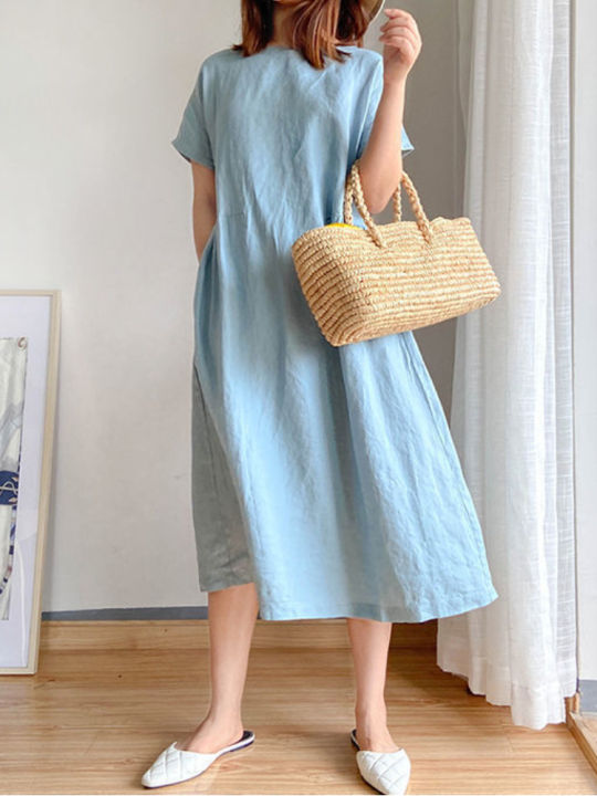 Summer%20Women%20Dress%20Casual%20Loose%20Short%20Sleeve%20A-LINE%20Oversize%20Solid%20Midi%20Dress%20Cotton%20Linen%20Dresses%20for%20Women%20Vestidos%20De%20Mujer%20-%20Image%207