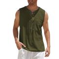 Casual Summer Men Cotton Linen Tank Top Solid Color Sleeveless V Neck Loose Bandage Pocket Vest Tops Men'S Blouse Shirt Clothing.