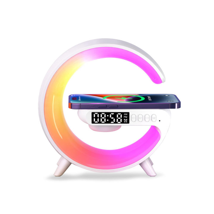 Wireless Charging Light Up Speaker G Shape LED Wireless Table Speaker Color Changing Alarm Clock Charger Stand Bedside Light (Charging only For Iphone)