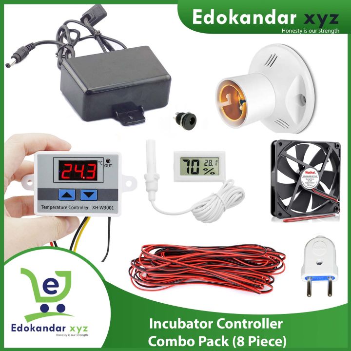 Combo for DIY Incubator 12V DC Digital Temperature Controller with 12v 2amp Adapter, Lcd Temperatur Meter, Temperatur XH-W3001 Controller, 5 inc 12v Coller Fan, Light Holder, 2 Pin Plug, 2m Cable, 12v Female Jack. incubator controller combo pack