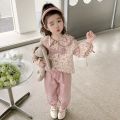 Girls' suit spring and autumn 2023 new foreign fashion baby girl spring children's floral bow two-piece set. 